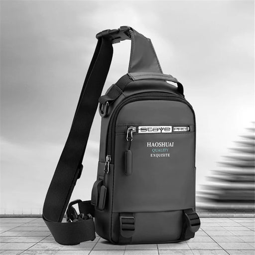 HAOSHUAI 1100-12# Men's Chest Bag Large Nylon Shoulders Backpack Outdoor Sling Bag with External USB Charging Port - Grey - 2
