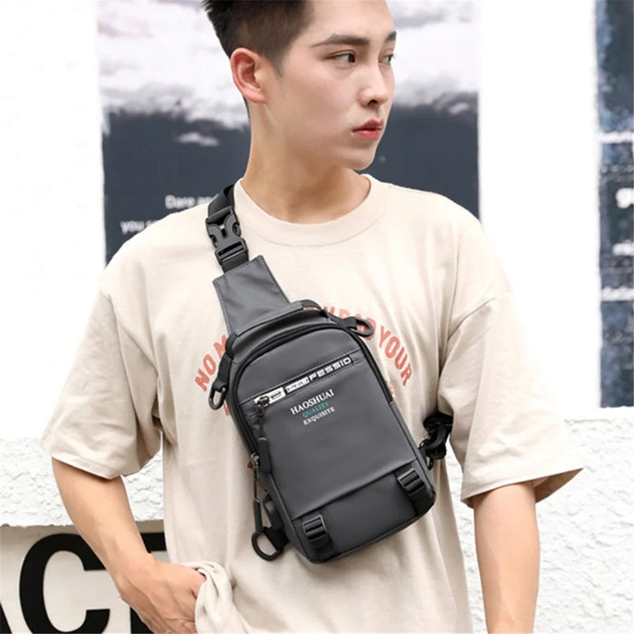 HAOSHUAI 1100-12# Men's Chest Bag Large Nylon Shoulders Backpack Outdoor Sling Bag with External USB Charging Port - Grey - 4