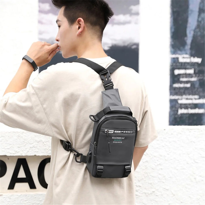 HAOSHUAI 1100-12# Men's Chest Bag Large Nylon Shoulders Backpack Outdoor Sling Bag with External USB Charging Port - Grey - 5