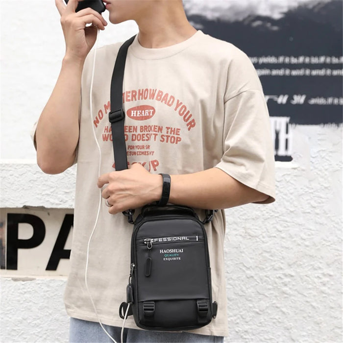 HAOSHUAI 1100-12# Men's Chest Bag Large Nylon Shoulders Backpack Outdoor Sling Bag with External USB Charging Port - Grey - 6
