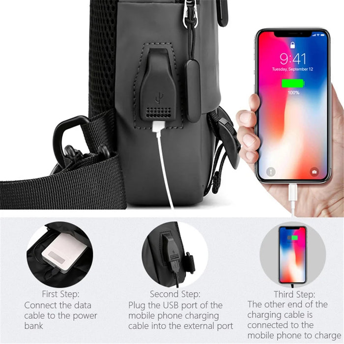 HAOSHUAI 1100-12# Men's Chest Bag Large Nylon Shoulders Backpack Outdoor Sling Bag with External USB Charging Port - Grey - 7