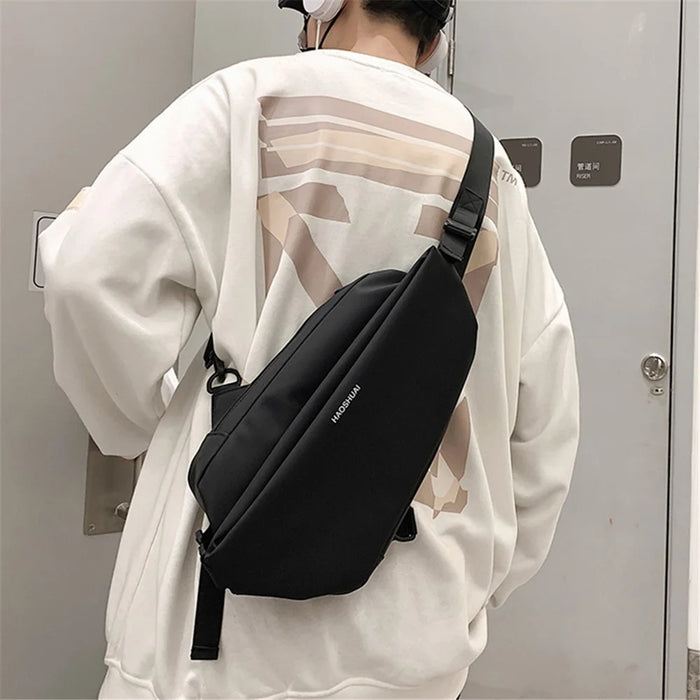 HAOSHUAI 1100-25# Water-repellent Nylon Chest Bag Men's Sling Bag for Sport, Travel and Work - Black - 4