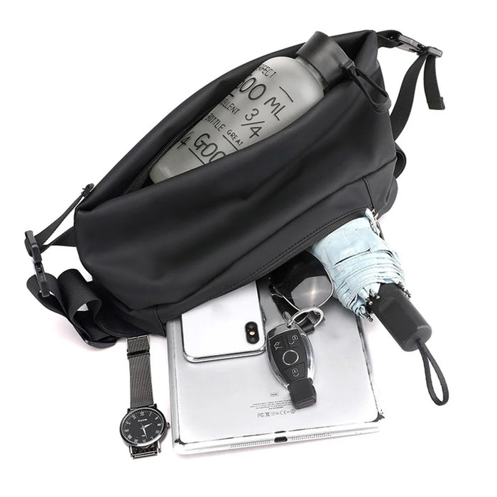 HAOSHUAI 1100-25# Water-repellent Nylon Chest Bag Men's Sling Bag for Sport, Travel and Work - Black - 5