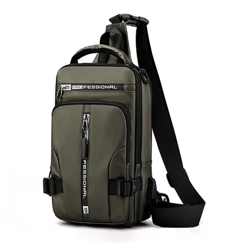 HAOSHUAI 1100-13 Shoulder Crossbody Backpack Nylon Waterproof Chest Bag Hiking Daypack with USB Charging Port - Army Green - 1