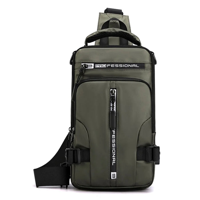 HAOSHUAI 1100-13 Shoulder Crossbody Backpack Nylon Waterproof Chest Bag Hiking Daypack with USB Charging Port - Army Green - 2