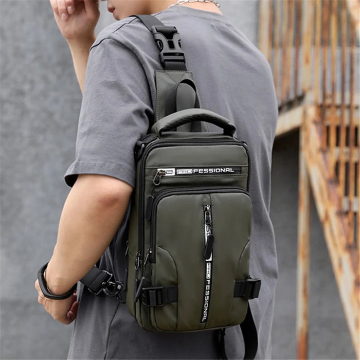 HAOSHUAI 1100-13 Shoulder Crossbody Backpack Nylon Waterproof Chest Bag Hiking Daypack with USB Charging Port - Army Green - 4