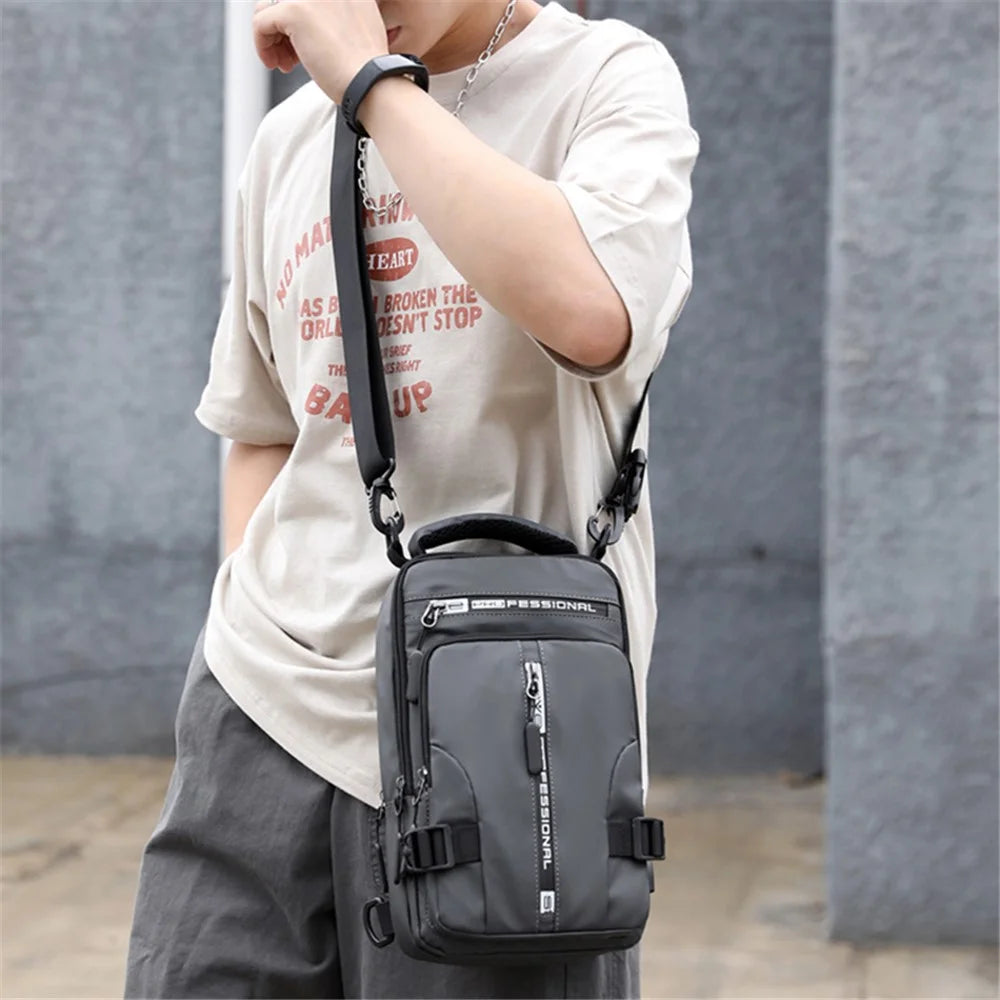 HAOSHUAI 1100-13 Shoulder Crossbody Backpack Nylon Waterproof Chest Bag Hiking Daypack with USB Charging Port - Army Green - 5