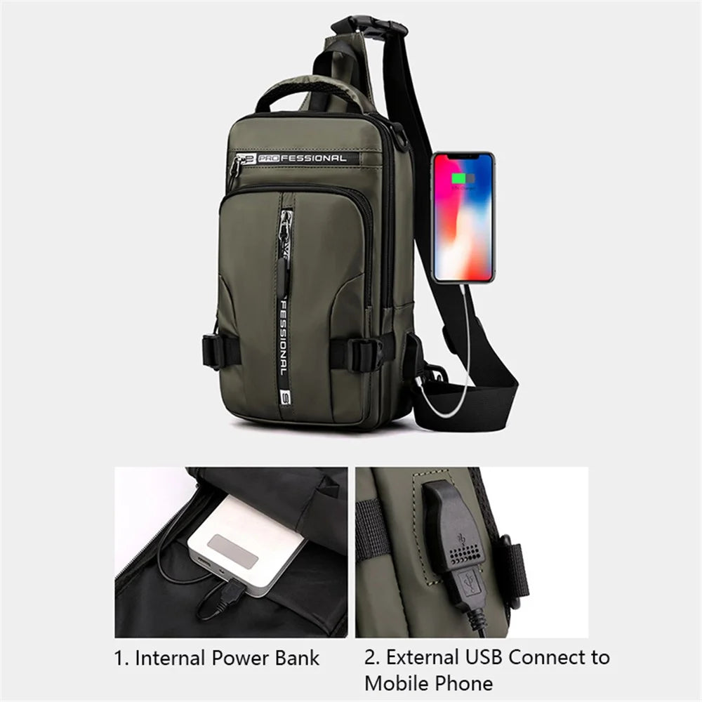 HAOSHUAI 1100-13 Shoulder Crossbody Backpack Nylon Waterproof Chest Bag Hiking Daypack with USB Charging Port - Army Green - 6