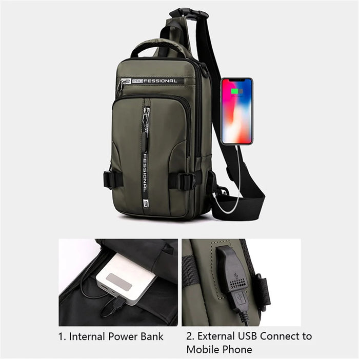 HAOSHUAI 1100-13 Shoulder Crossbody Backpack Nylon Waterproof Chest Bag Hiking Daypack with USB Charging Port - Army Green - 6