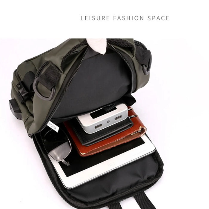 HAOSHUAI 1100-13 Shoulder Crossbody Backpack Nylon Waterproof Chest Bag Hiking Daypack with USB Charging Port - Army Green - 7
