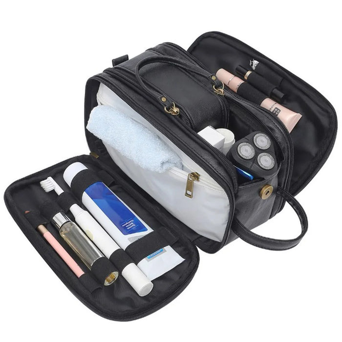 PU Leather Zipper Makeup Bag Portable Travel Cosmetics Toiletry Carrying Bag - Black - 1