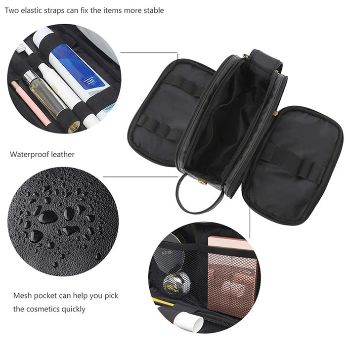 PU Leather Zipper Makeup Bag Portable Travel Cosmetics Toiletry Carrying Bag - Black - 4