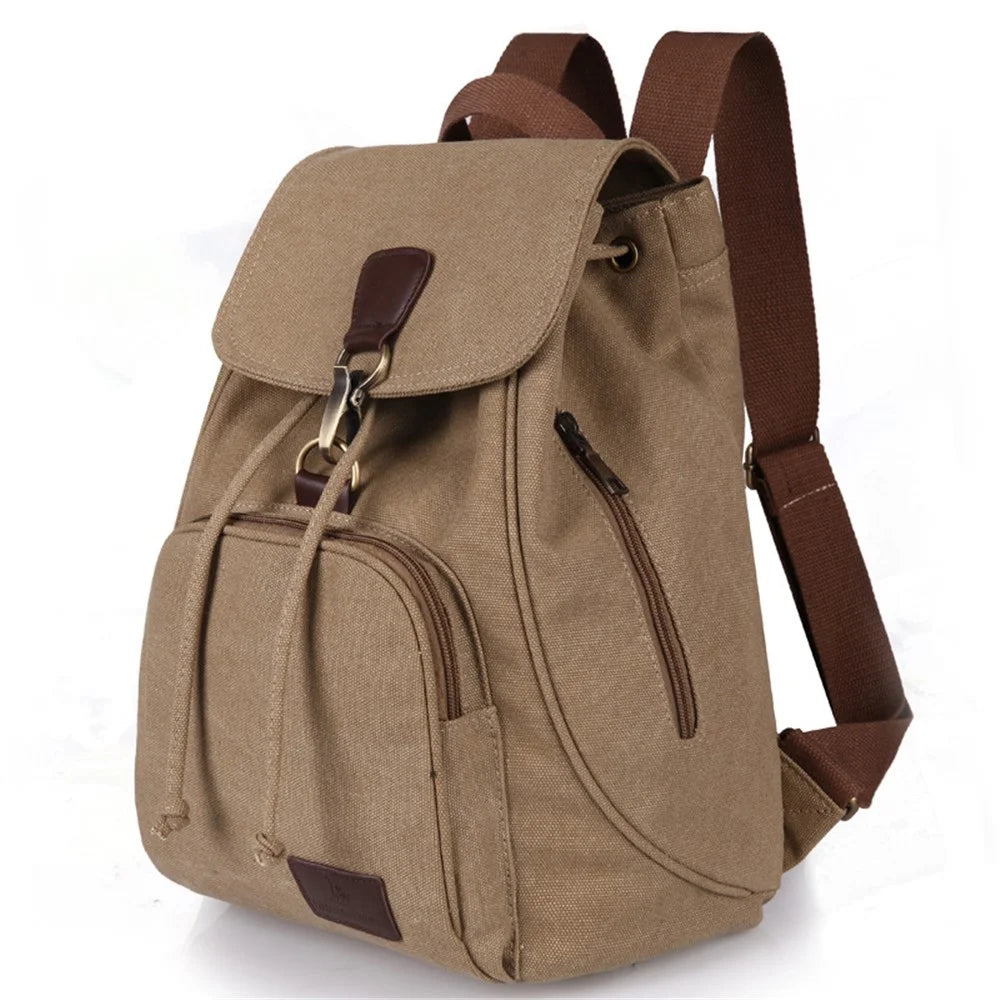 Outdoor Retro Canvas Backpack Women Drawstring Solid Color Dual Shoulder Bag - Khaki - 1