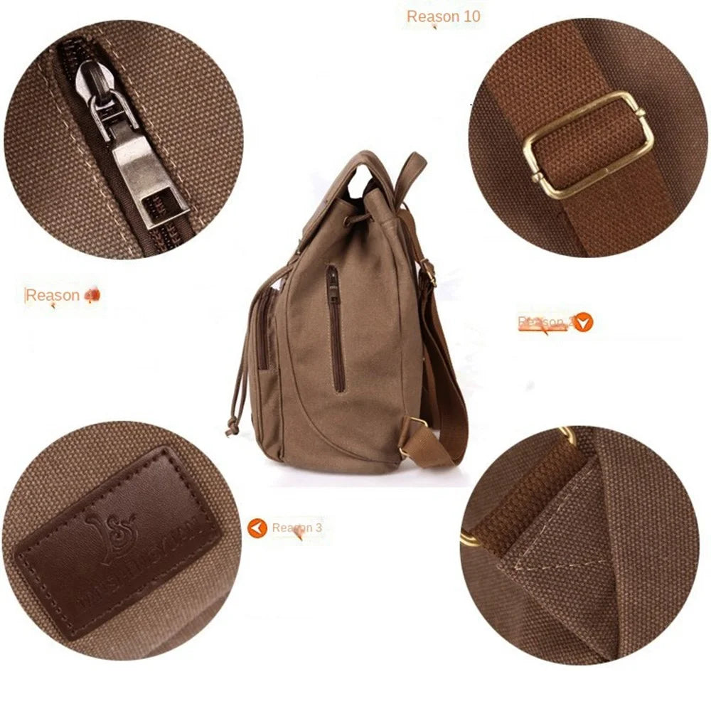 Outdoor Retro Canvas Backpack Women Drawstring Solid Color Dual Shoulder Bag - Khaki - 2