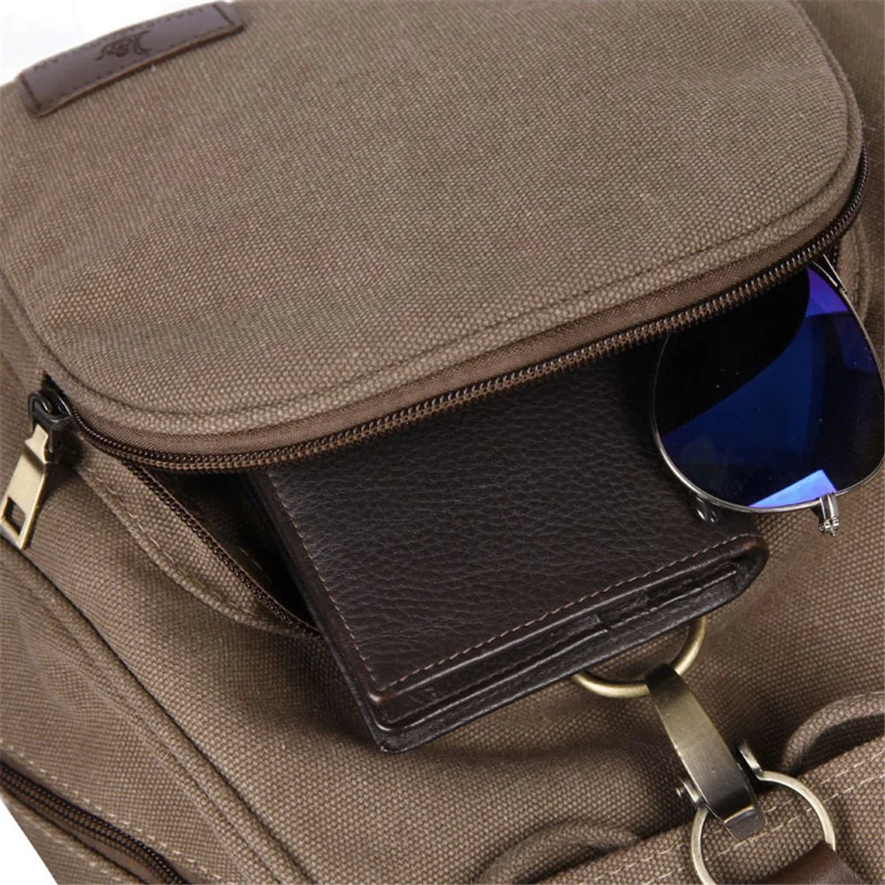 Outdoor Retro Canvas Backpack Women Drawstring Solid Color Dual Shoulder Bag - Khaki - 4