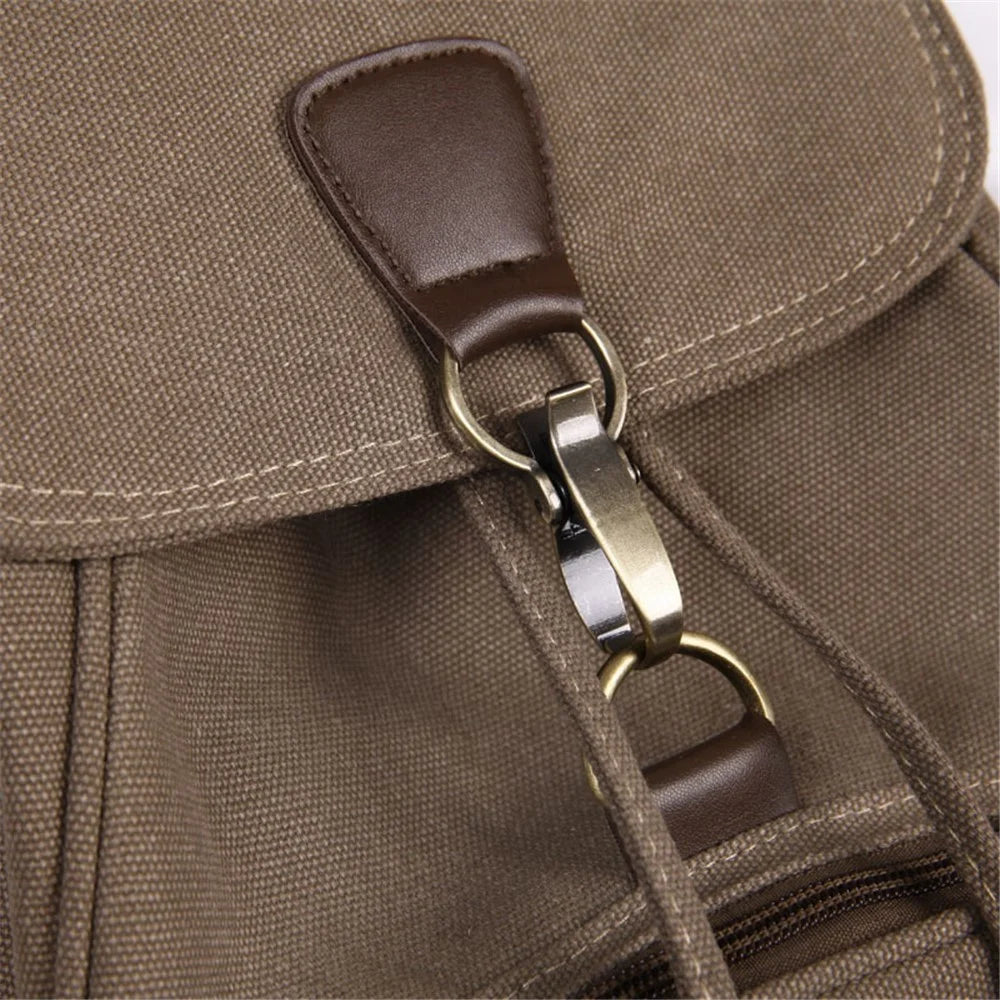 Outdoor Retro Canvas Backpack Women Drawstring Solid Color Dual Shoulder Bag - Khaki - 5