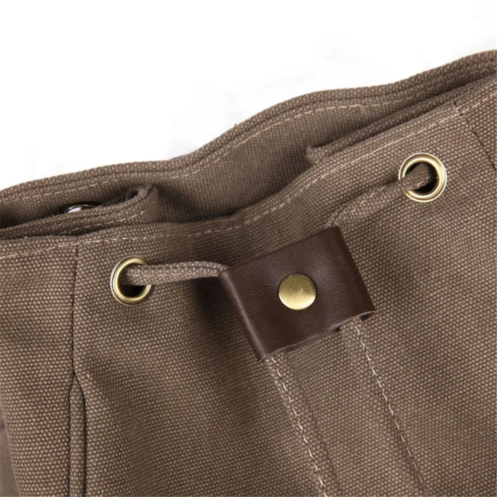 Outdoor Retro Canvas Backpack Women Drawstring Solid Color Dual Shoulder Bag - Khaki - 6
