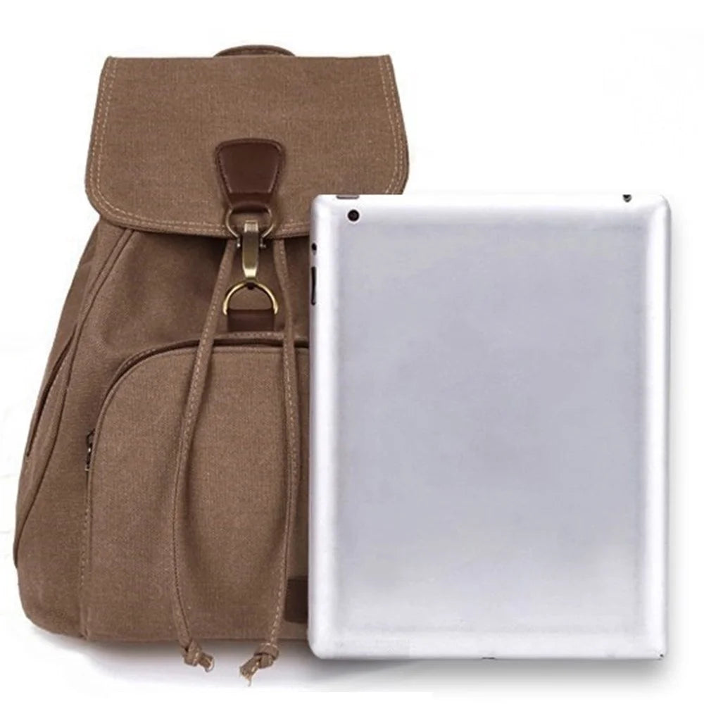 Outdoor Retro Canvas Backpack Women Drawstring Solid Color Dual Shoulder Bag - Khaki - 7