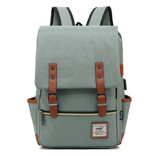 Retro Nylon Oxford Cloth Backpack Laptop Clothes Dual Shoulders Bag with USB Charging Port - Light Gold Zipper / Light Green - 1