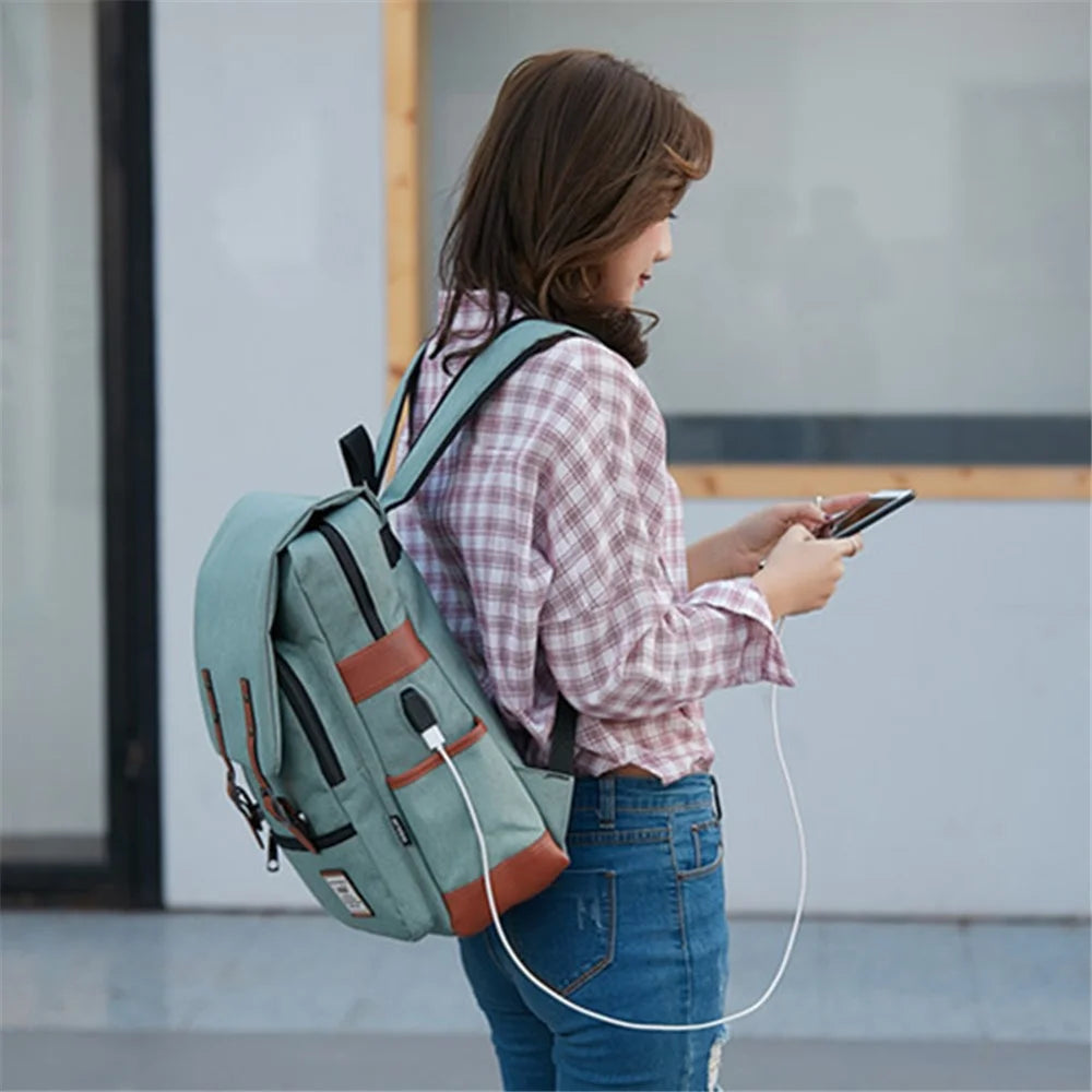 Retro Nylon Oxford Cloth Backpack Laptop Clothes Dual Shoulders Bag with USB Charging Port - Light Gold Zipper / Light Green - 2