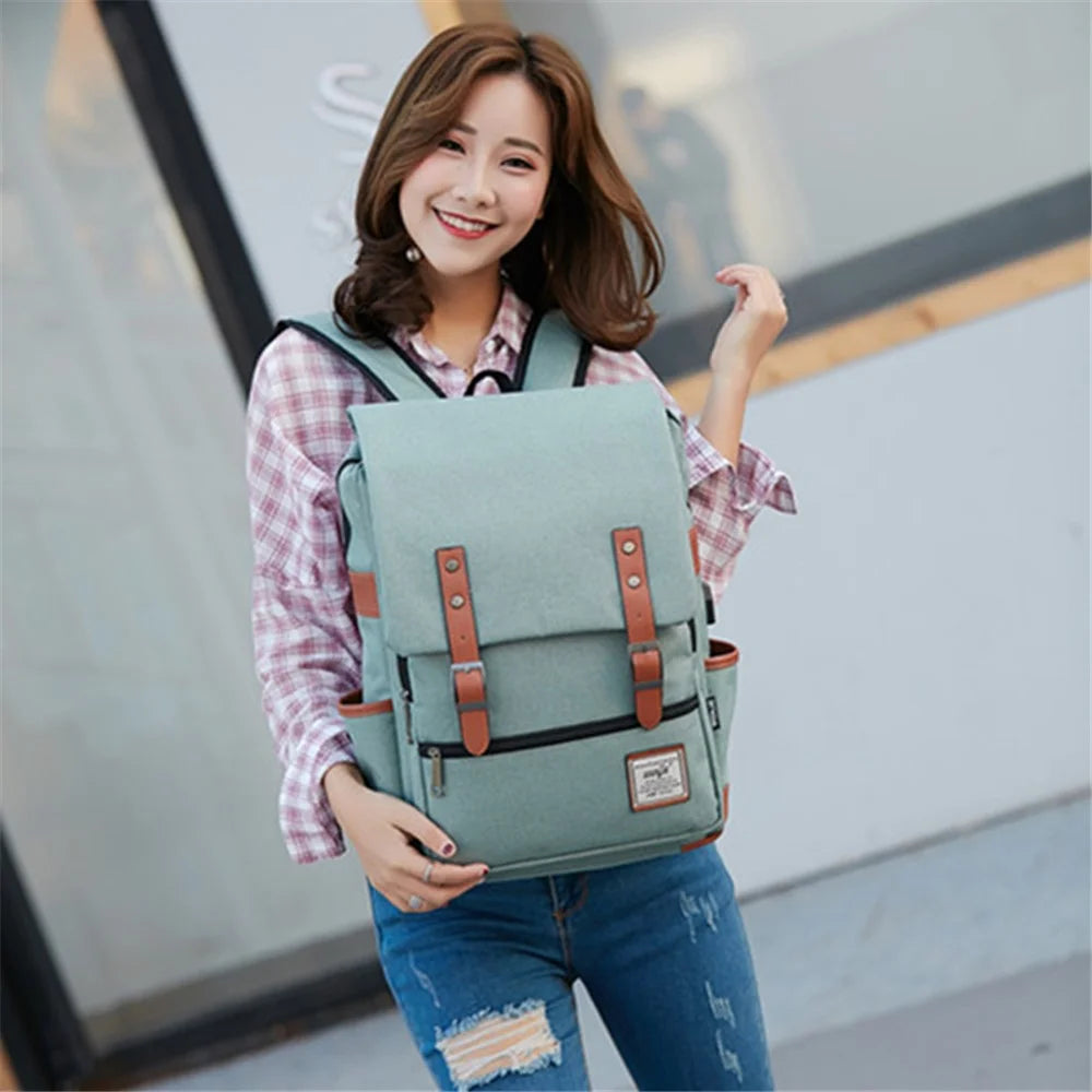 Retro Nylon Oxford Cloth Backpack Laptop Clothes Dual Shoulders Bag with USB Charging Port - Light Gold Zipper / Light Green - 3