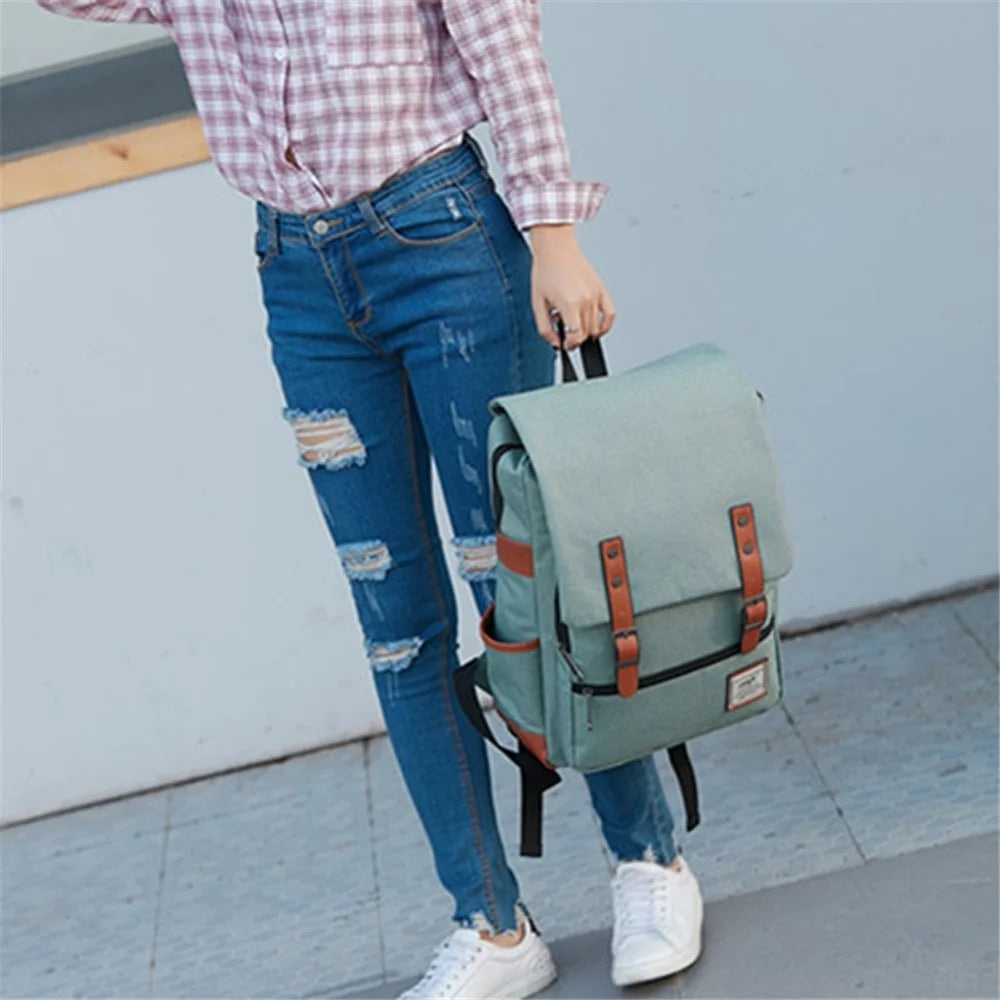 Retro Nylon Oxford Cloth Backpack Laptop Clothes Dual Shoulders Bag with USB Charging Port - Light Gold Zipper / Light Green - 4