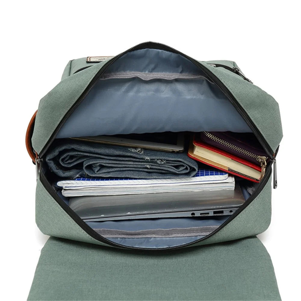 Retro Nylon Oxford Cloth Backpack Laptop Clothes Dual Shoulders Bag with USB Charging Port - Light Gold Zipper / Light Green - 5