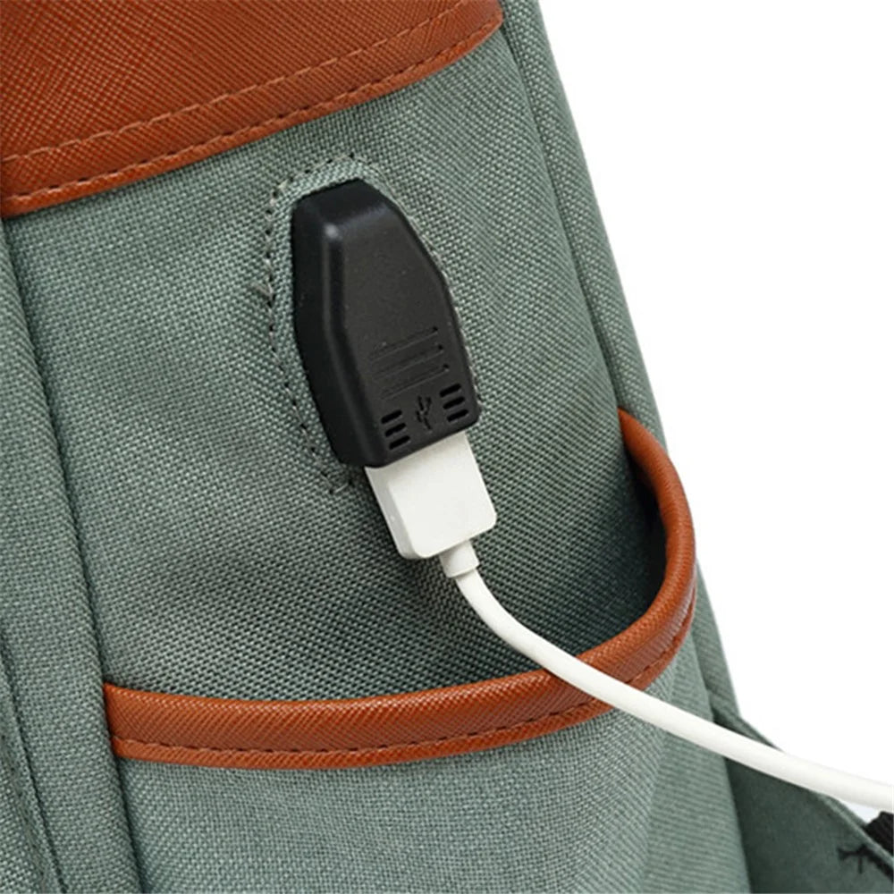 Retro Nylon Oxford Cloth Backpack Laptop Clothes Dual Shoulders Bag with USB Charging Port - Light Gold Zipper / Light Green - 6