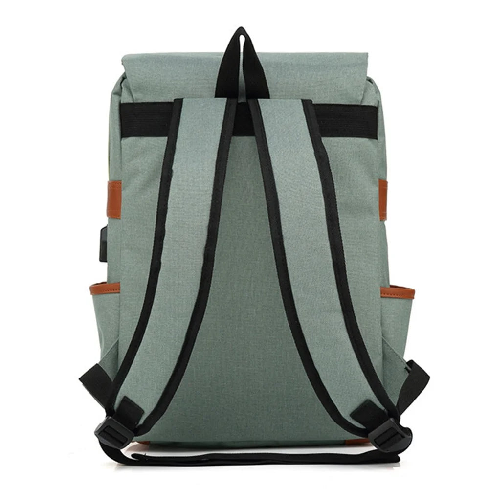 Retro Nylon Oxford Cloth Backpack Laptop Clothes Dual Shoulders Bag with USB Charging Port - Light Gold Zipper / Light Green - 7