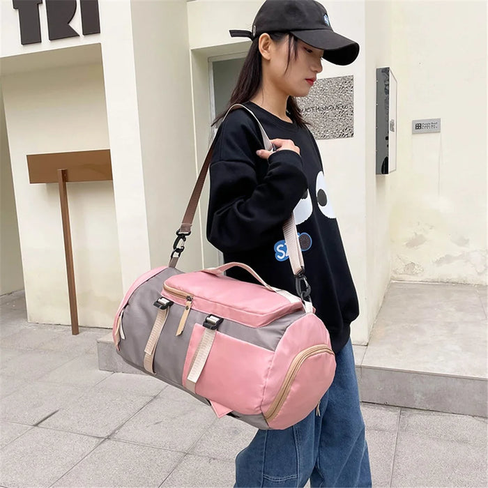 Waterproof Nylon Oxford Cloth Backpack Outdoor Travel Luggage Holdall Shoulder Bag - Sakura Pink - 3