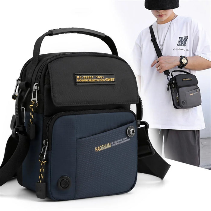 HAOSHUAI 6809 Water-Repellent Nylon Crossbody Bag Men's Daily Use Phone Carrying Pouch Travel Shoulder Bag - Dark Blue - 4