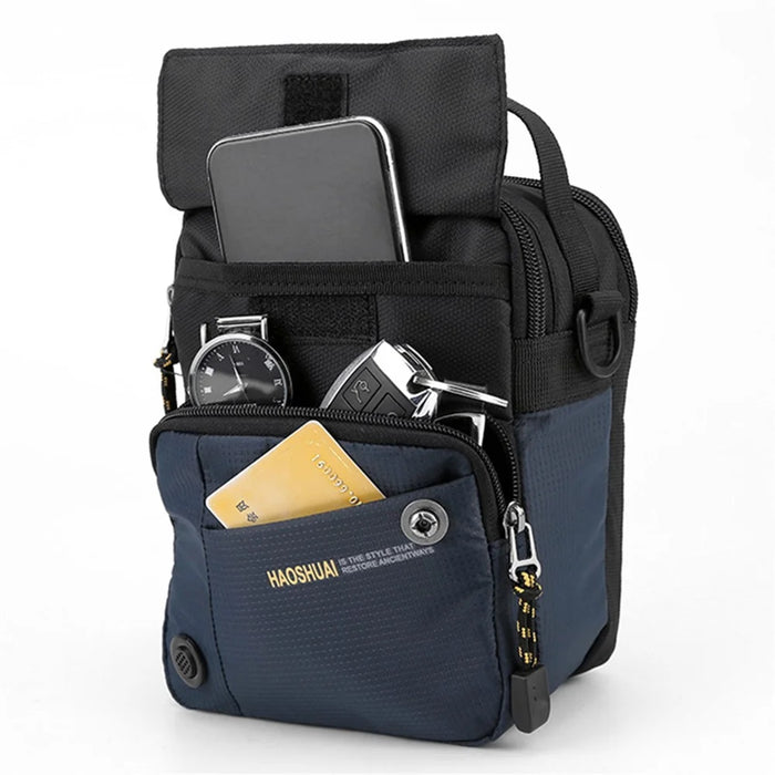 HAOSHUAI 6809 Water-Repellent Nylon Crossbody Bag Men's Daily Use Phone Carrying Pouch Travel Shoulder Bag - Dark Blue - 5