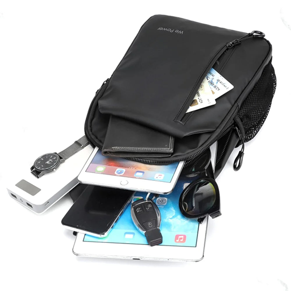 WEPOWER 1100-34 Casual Nylon Crossbody Sling Bag for Men Small Chest Bag with External USB Port - Black - 2
