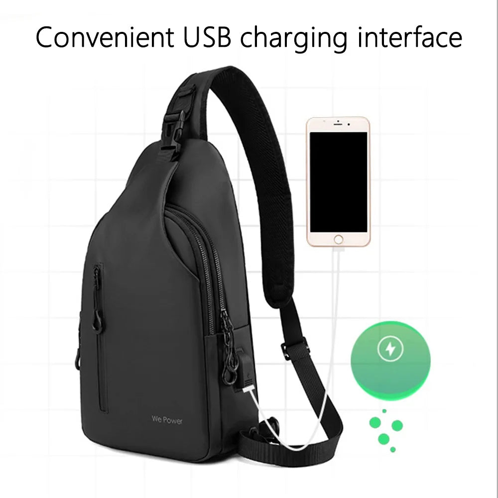 WEPOWER 1100-34 Casual Nylon Crossbody Sling Bag for Men Small Chest Bag with External USB Port - Black - 3