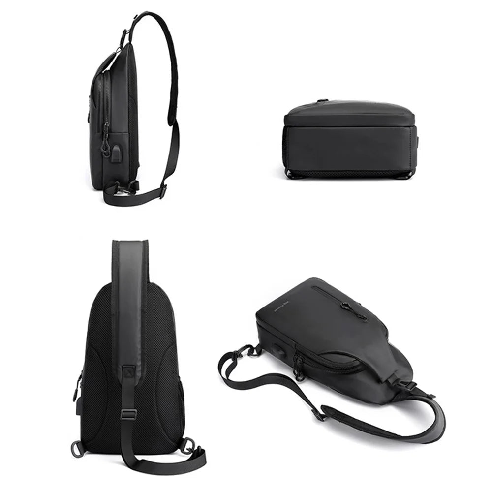 WEPOWER 1100-34 Casual Nylon Crossbody Sling Bag for Men Small Chest Bag with External USB Port - Black - 6