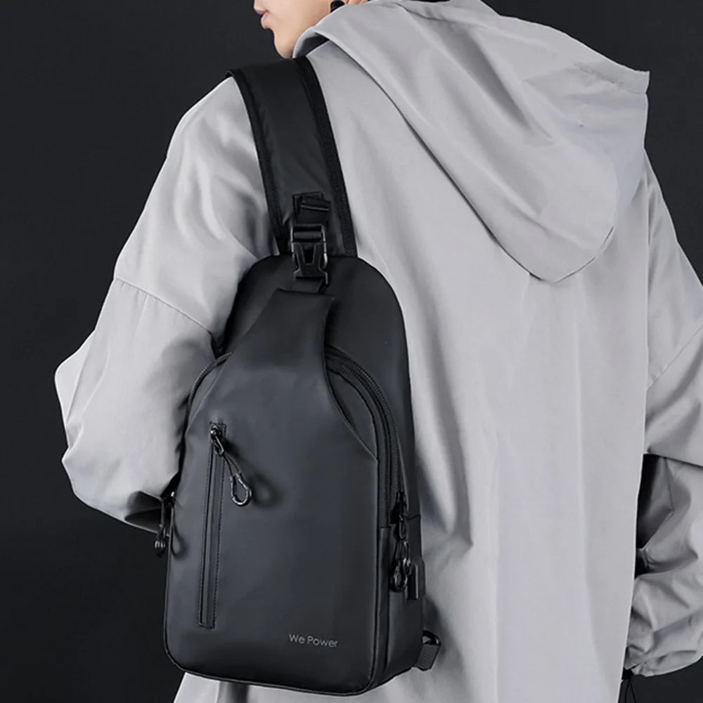 WEPOWER 1100-34 Casual Nylon Crossbody Sling Bag for Men Small Chest Bag with External USB Port - Black - 7