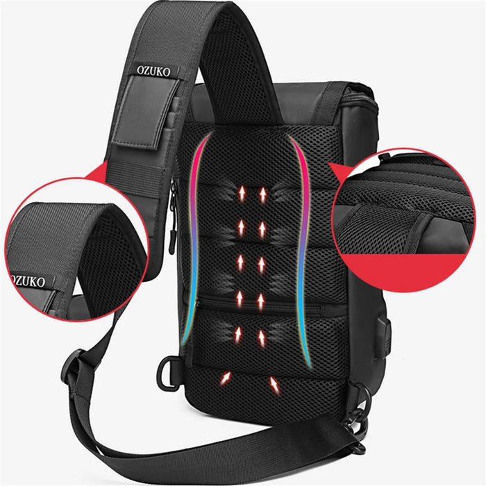 OZUKO 9334 Oxford Cloth USB Port Men's Chest Bag Travel Crossbody Bag Daypack - Black - 6
