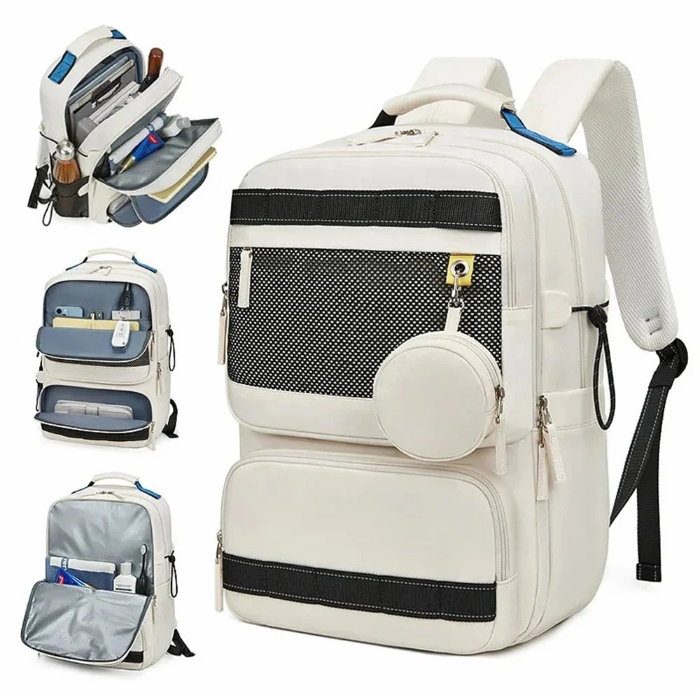 2287 Men's Travel Backpack Nylon Dual Shoulders Bag Large Laptop Bag - Beige - 2