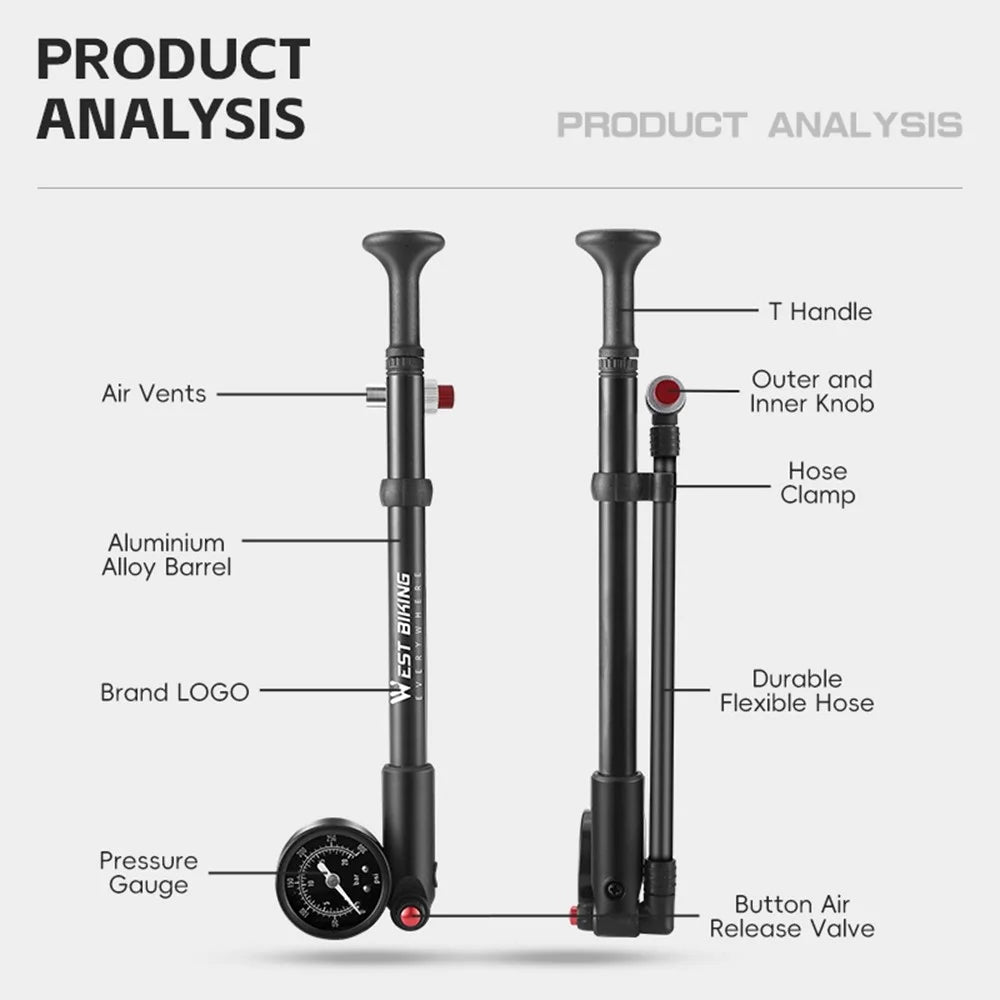 WEST BIKING 300PSI Bike Shock-Absorbed Pump High Pressure Ait Inflator Bicycle Aluminum Alloy Air Pump - 2