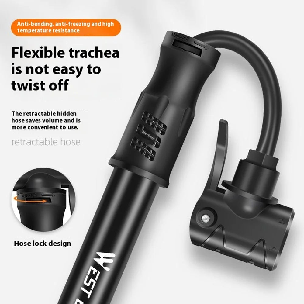 WEST BIKING YP0711133 Portable Mini Bike Pump with Flexible Hose Aluminum Alloy Outdoor Cycling Inflator - Black - 6