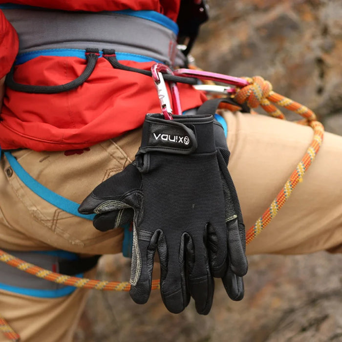 XINDA H-STO1 Goatskin Leather Gloves for Outdoor Rappelling Climbing Training Full Finger Protective Mittens - Black / S - 4