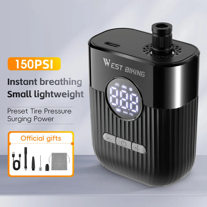 WEST BIKING YP0711201 Electric Air Pump 150PSI Portable Mini Tire Inflator with LED Display for Bicycle Motorcycle - Black - 2