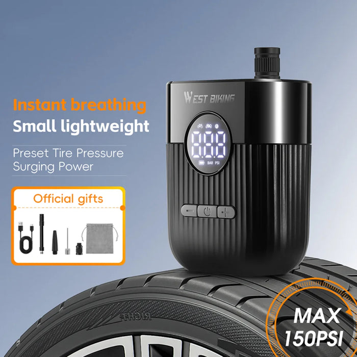 WEST BIKING YP0711201 Electric Air Pump 150PSI Portable Mini Tire Inflator with LED Display for Bicycle Motorcycle - Black - 3