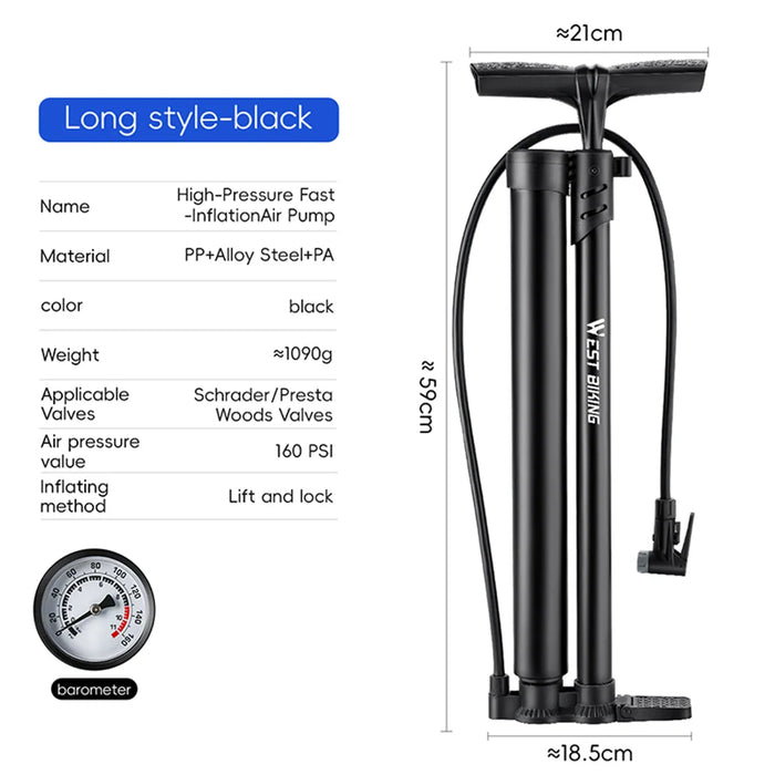 WEST BIKING Dual Cylinder High Pressure Bike Pump for Bicycle / E-Bike Portable Inflator with Air Pressure Gauge - Long Black - 2