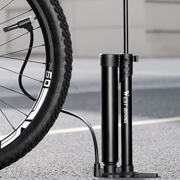 WEST BIKING Dual Cylinder High Pressure Bike Pump for Bicycle / E-Bike Portable Inflator with Air Pressure Gauge - Long Black - 5