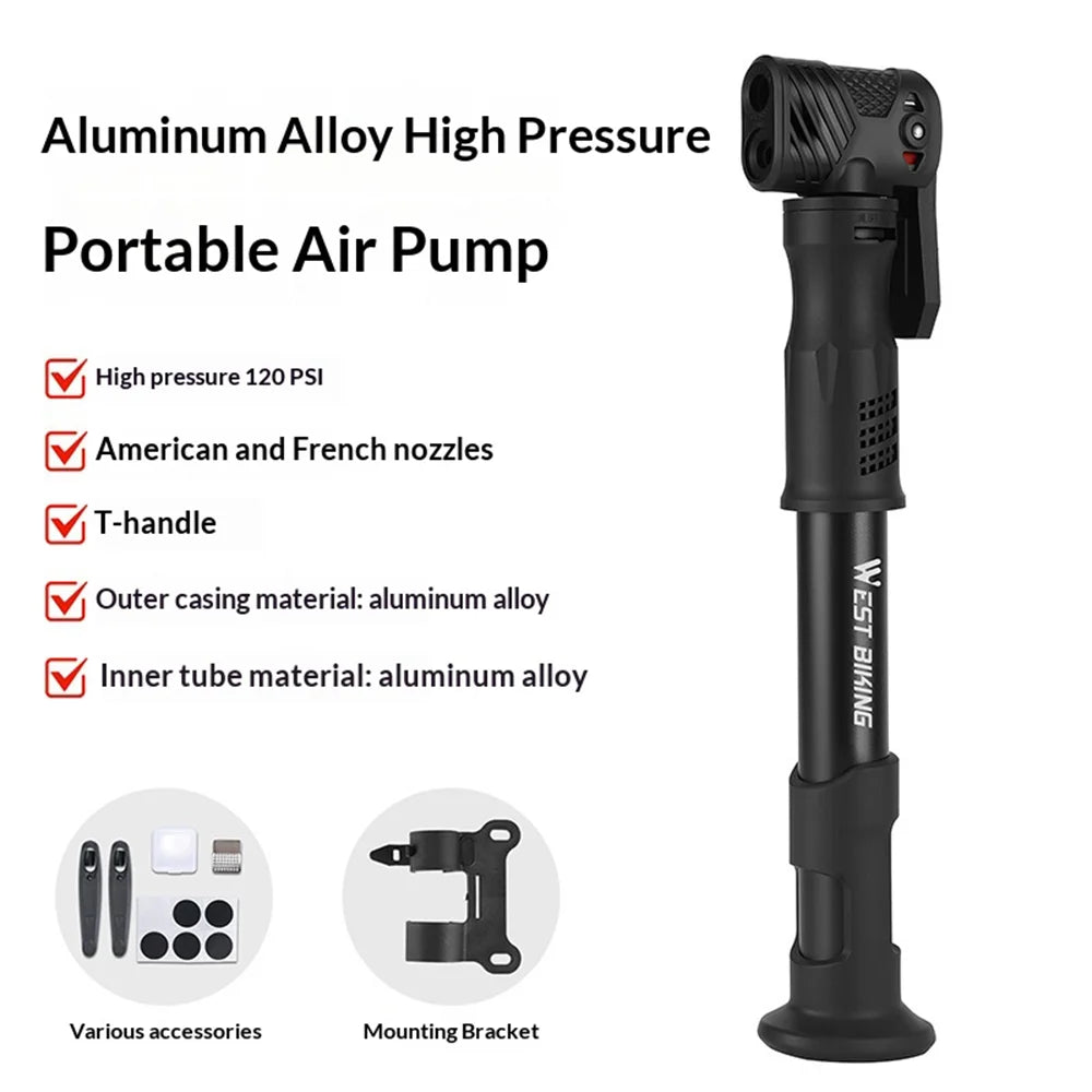 WEST BIKING YP0711207 Bicycle Pump 120PSI Aluminum Alloy Portable Road Bike Inflator for Cycling - Black - 2