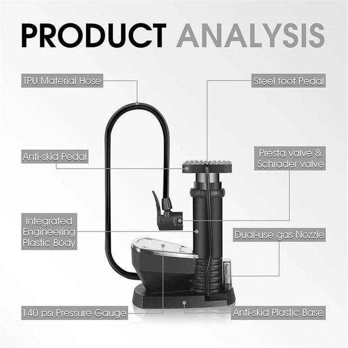 WEST BIKING YP0711118 Portable 140PSI Bicycle Tire Foot Pump Bike Air Inflator with Pressure Gauge - Black - 7