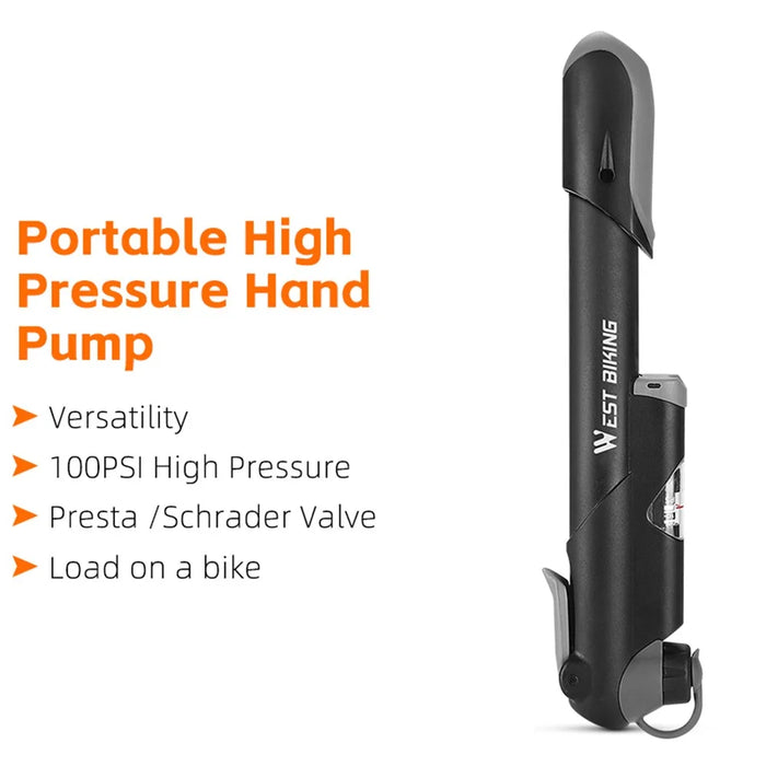 WEST BIKING YP0711157 Portable 100PSI High Pressure Hand Pump with Air Pressure Gauge, Lightweight Tire Inflator Pump - 2