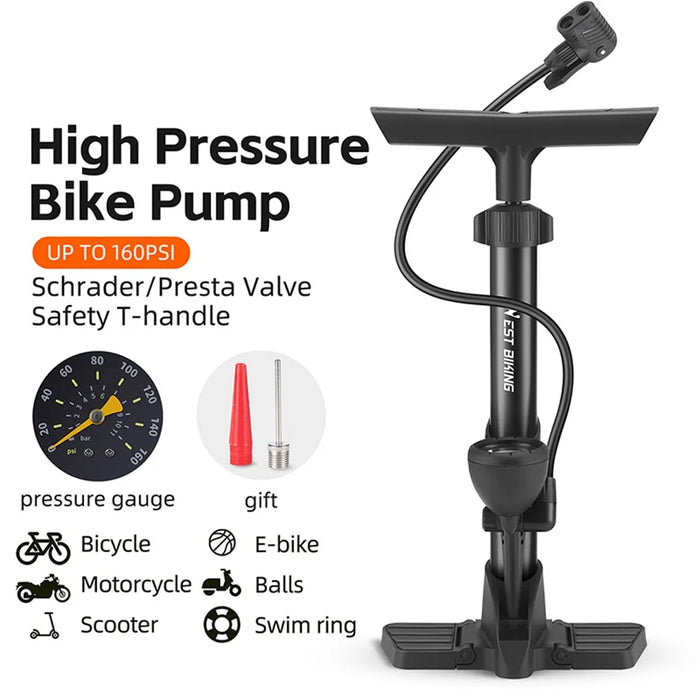 WEST BIKING YP0711153 160PSI High Pressure Pump Metal Portable Inflator Pump with Tire Pressure Gauge - Black - 2