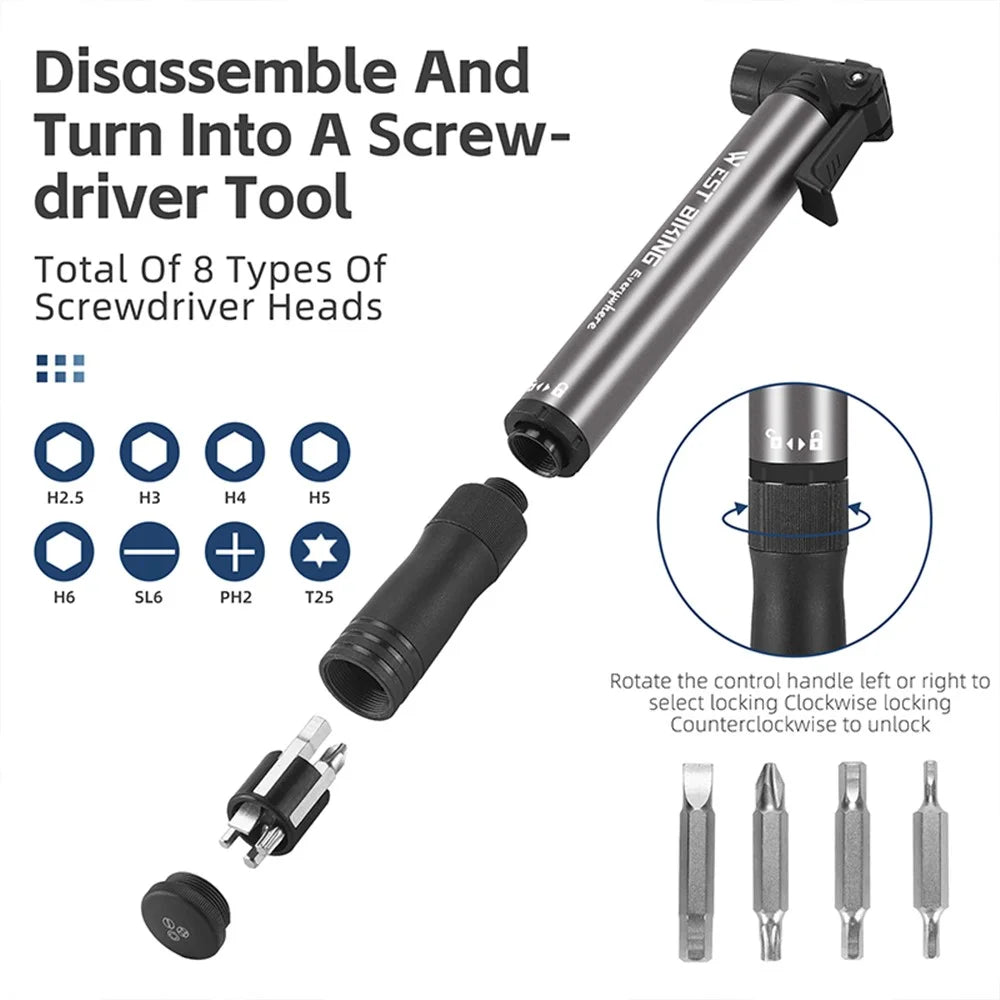 WEST BIKING YP0711155 Portable Bicycle Tire Air Pump Screwdriver Aluminum Alloy Manual Inflator - 6